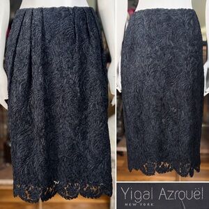 Yigal Azrouel Black Texured Lace Pleated Front Knee Length Skirt, Sz 8